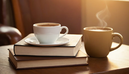 Coffee cup and books on wooden table in coffee shop.の素材
