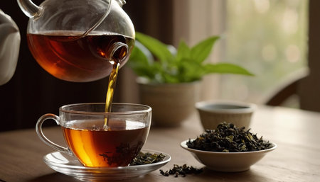 tea pouring from teapot into a cup on wooden tableの素材