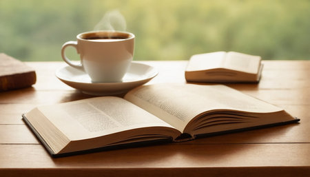 Cup of coffee and book on wooden table in front of windowの素材