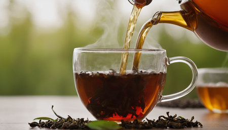 Pouring tea from teapot into cup on wooden table outdoorsの素材