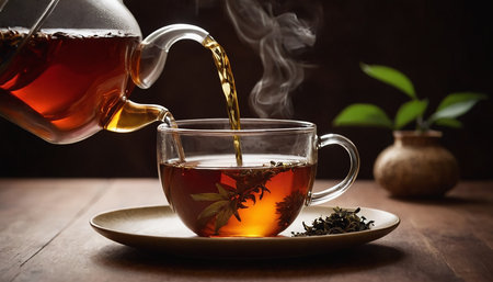 Cup of tea on a wooden table with teapot.の素材