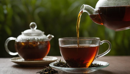 Pouring hot tea from teapot into cup on table in gardenの素材