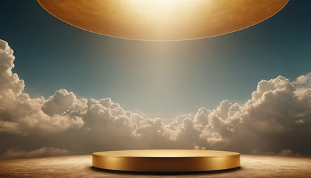 Golden podium on the background of the sky with clouds. 3d renderingの素材
