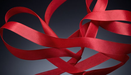 Shiny red satin ribbon on grey background, close-upの素材