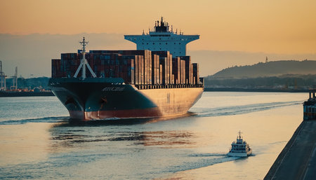 Container ship in the harbor at sunset. Cargo ship in the port.の素材