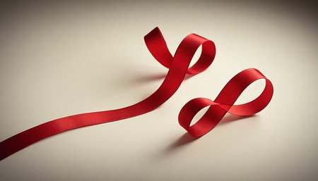 Shiny red ribbon in heart shape on white background. Valentine's day concept.の素材