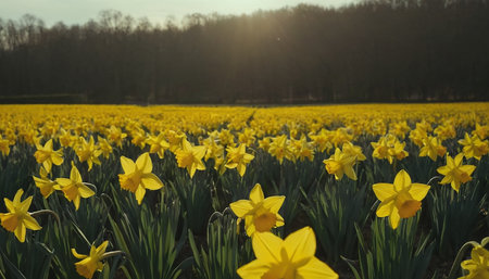 Daffodils in an agricultural field in sunlight in springtimeの素材