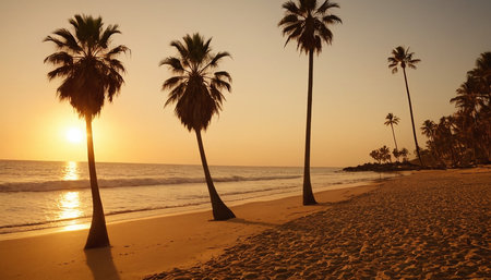 Palm trees on the beach at sunset. Toned image.の素材