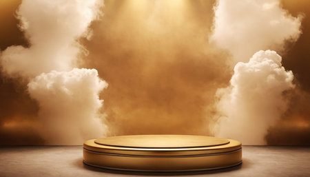 Golden podium with smoke and clouds on the stage. 3d renderingの素材