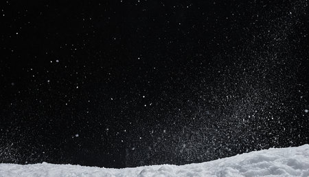 Snowfall on a black background. Snowflakes fly in the air.の素材