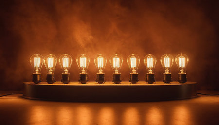 Many light bulbs on a dark background with smoke. Selective focusの素材