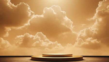 Golden podium with clouds and sunlight. 3D rendering. Mock upの素材