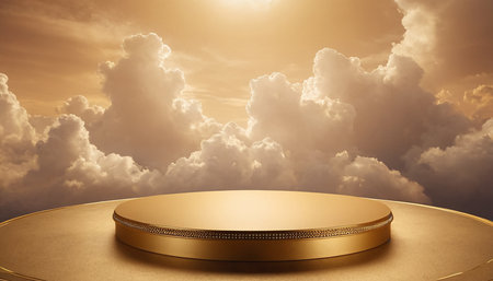 Golden podium on the background of the sky with clouds. 3d renderingの素材