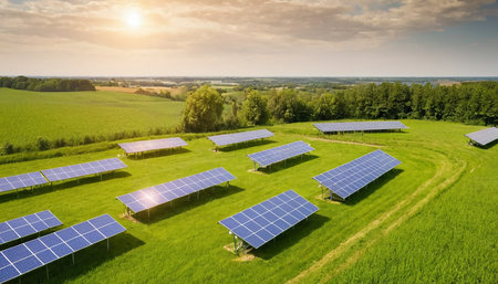 Solar panels in the field. Photovoltaic modules for renewable electric production.の素材