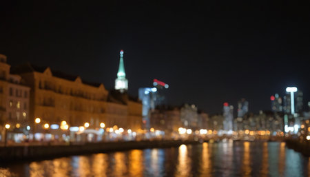 Defocused bokeh lights of old european city at nightの素材