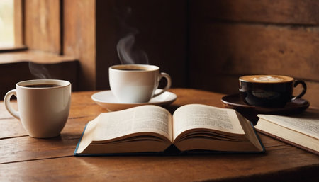 Coffee cup and open book on wooden table in coffee shopの素材