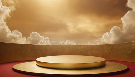 Golden podium on red carpet with sky and clouds background. 3d renderingの素材