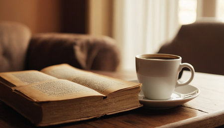 Cup of coffee and book on wooden table in coffee shop.の素材