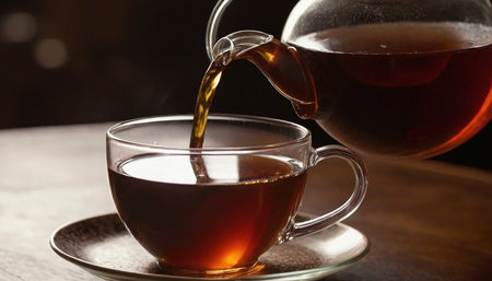 Cup of tea with teapot on wooden table, closeupの素材