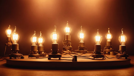 Vintage incandescent Edison light bulbs on a black background.の素材