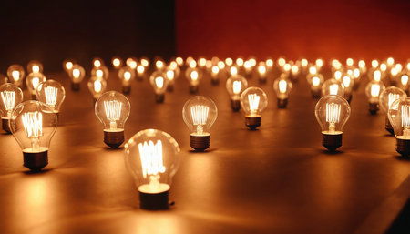 Incandescent light bulbs in a row on a dark background.の素材