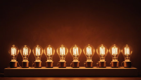 Group of vintage light bulbs on a dark background. Idea concept.の素材