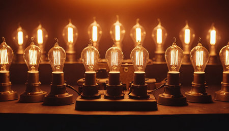Vintage incandescent Edison light bulbs on a dark background.の素材