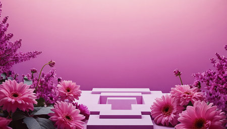 3d render of pink background with purple flowers and podium for product displayの素材