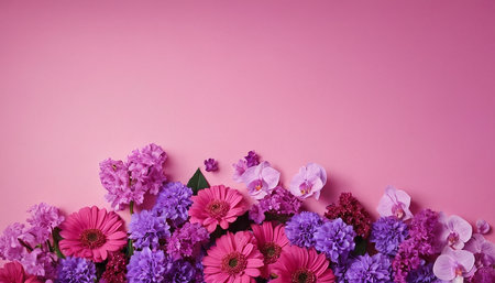 Purple and pink flowers on a pink background with copy space.の素材
