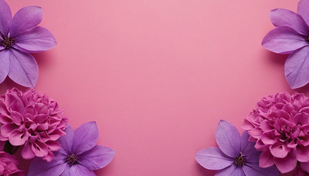 top view of pink and purple flowers on pink background with copy spaceの素材
