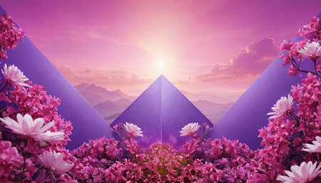 Cherry blossom background with origami paper landscape and sunset.の素材