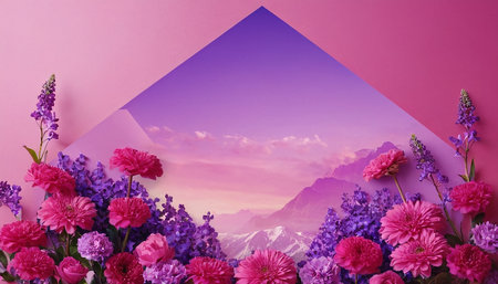 Purple and pink flowers on a pink background. Copy space.の素材