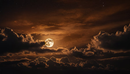 Full moon in the night sky with clouds and stars, Halloween backgroundの素材