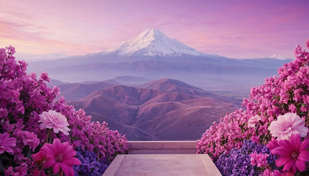 Beautiful view of Mt.Fuji at sunrise with pink flowersの素材