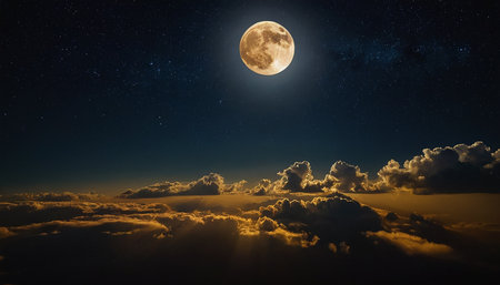 Full moon over clouds in the night sky. 3d illustration.の素材