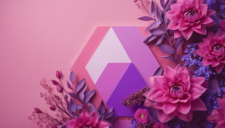 Flowers composition. Frame made of flowers on pink background. Flat lay, top view, copy spaceの素材