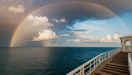 Rainbow over the sea and the stairs leading to the ocean.の素材