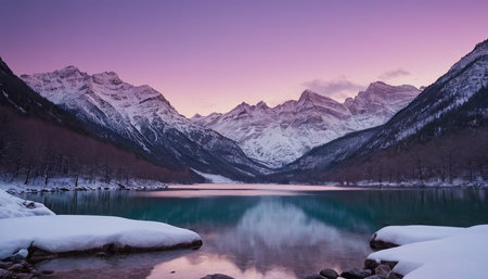 Beautiful winter landscape with mountain lake and snow covered mountains at sunsetの素材