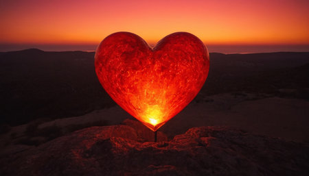 Valentine's day. Red heart on a rock against sunset skyの素材