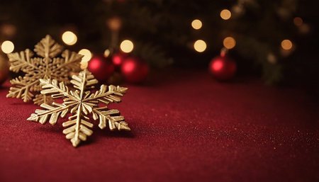 Christmas background with golden snowflakes and bokeh lights.の素材