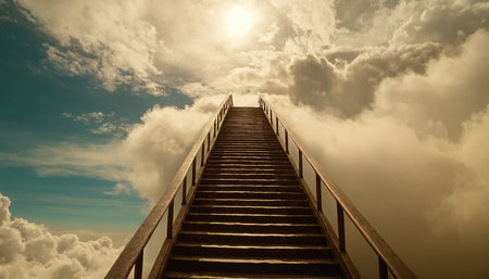 Staircase leading to the sky with clouds and sun rays.の素材
