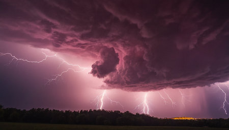Lightning in the sky during a thunderstorm with dark clouds.の素材