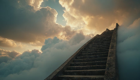 Staircase leading up to the sky with clouds at sunset.の素材