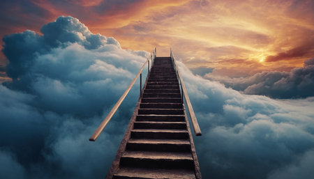 Staircase leading to the sky through the clouds. 3d renderingの素材
