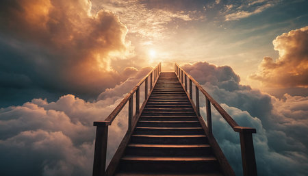 Staircase leading to the sky with clouds at sunset. 3D Renderingの素材