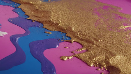 golden nail polish on a blue and pink background close-upの素材