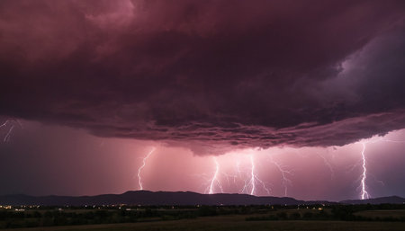 Lightning strikes the night sky over the rural area of Montana.の素材