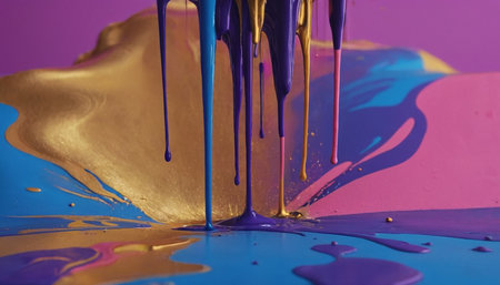 close up of paint leaking down on colorful surface. Colorful backgroundの素材