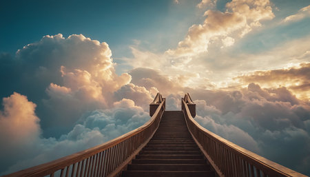 Staircase to heaven with clouds and sky. 3d renderingの素材