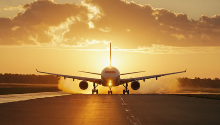 Airplane landing on runway at sunset or sunrise. Airplane taking offの素材